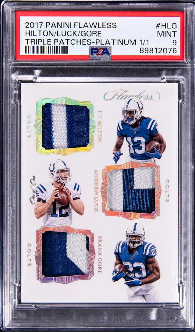 2017 Panini Flawless T.Y. Hilton/Andrew Luck/Frank Gore Triple Patches Platinum #TP-HLG card image