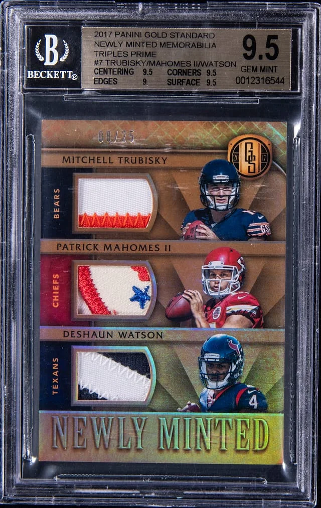 2017 Panini Gold Standard Trubisky/Mahomes II/Watson Newly Minted Memorabilia Triples Prime #7 card image