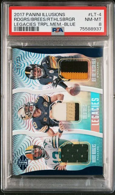 2017 Panini Illusions Aaron Rodgers/Ben Roethlisberger/Drew Brees Legacies Triple Memorabilia Blue #LT-4 card image