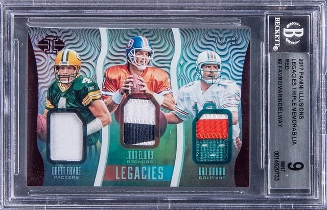 2017 Panini Illusions Brett Favre/John Elway/Dan Marino Multi-Patch Legacies Triple Memorabilia Red #LT-2 card image