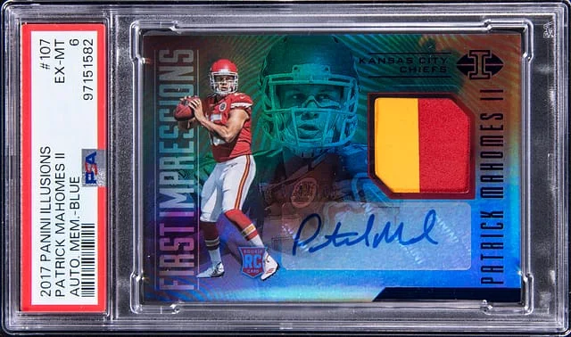 2017 Panini Illusions Patrick Mahomes II Autograph Memorabilia Blue #107 card image