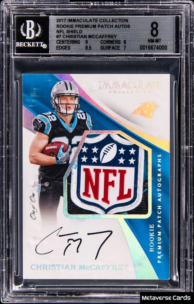 2017 Panini Immaculate Christian McCaffrey Premium Patch Autographs NFL Shield #PR-CM card image