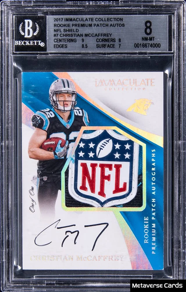 2017 Panini Immaculate Collection Christian McCaffrey Premium Patch Autographs NFL Shield #PR-CM card image