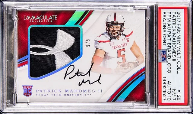 2017 Panini Immaculate Collection Patrick Mahomes II Collegiate Premium Autograph Patch Brand Logo #129 card image