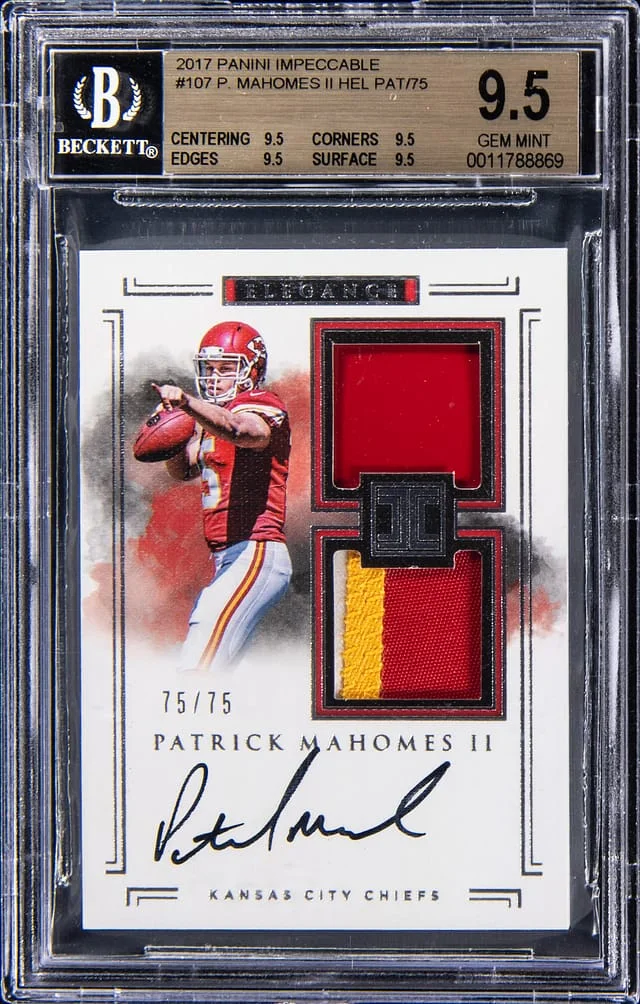 2017 Panini Impeccable Patrick Mahomes II Elegance Helmet and Patch Autographs #107 card image