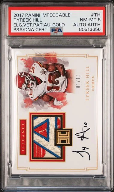 2017 Panini Impeccable Tyreek Hill Elegance Veteran Patch Autographs Gold #TH card image