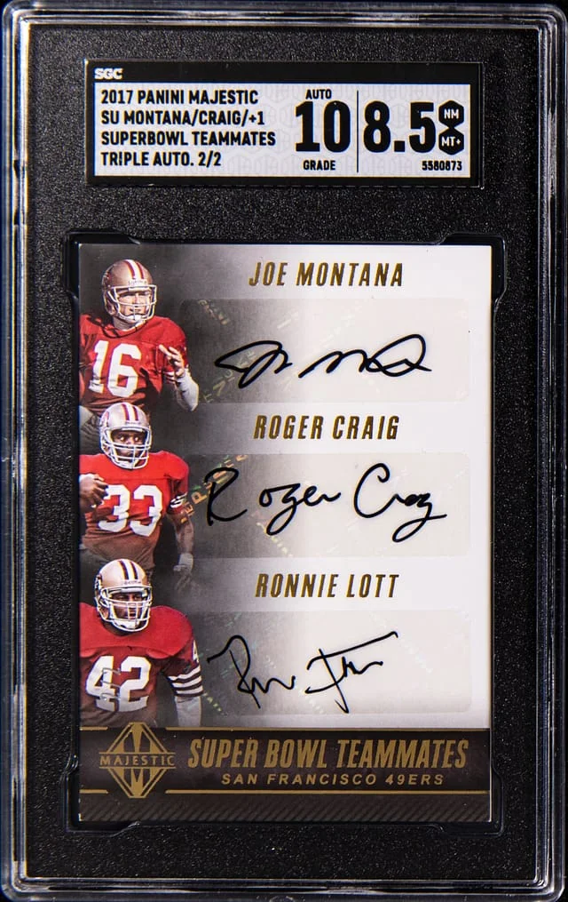 2017 Panini Joe Montana, Roger Craig, Ronnie Lott Multi-Signed Majestic Superbowl Teammates Triple Autographs #SU-SF card image