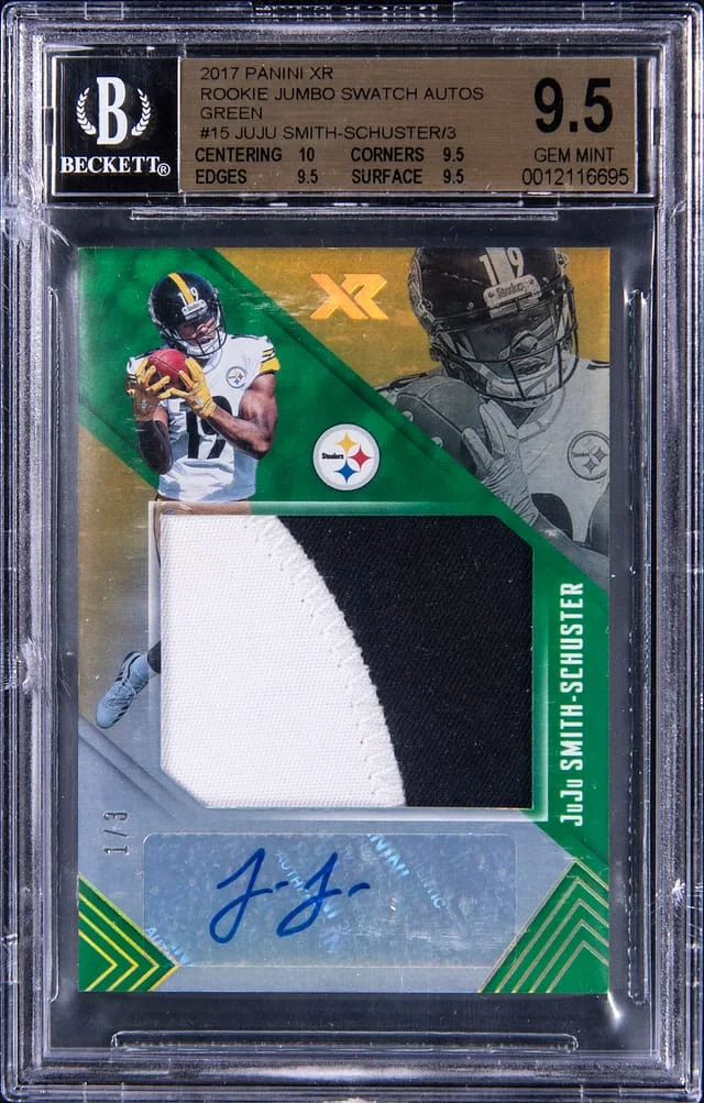 2017 Panini JuJu Smith-Schuster XR Jumbo Swatch Autos Green #15 card image