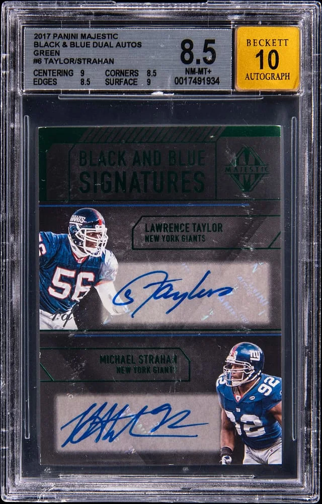2017 Panini Lawrence Taylor/Michael Strahan Majestic Black & Blue Dual Autos Green #BB-TS card image
