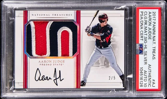 2017 Panini National Treasures Aaron Judge Collegiate Material Signatures Holo Silver #CRMS-AJ card image