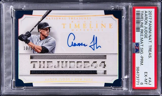 2017 Panini National Treasures Aaron Judge Timeline Materials Signature Prime #TRMS-AJ card image