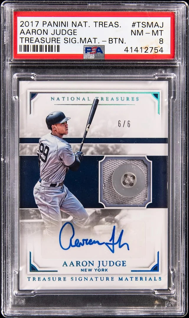 2017 Panini National Treasures Aaron Judge Treasure Signature Materials Button #TSM-AJ card image