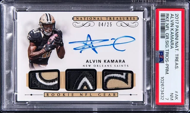 2017 Panini National Treasures Alvin Kamara NFL Gear Signature Trios Prime #RST-AK card image