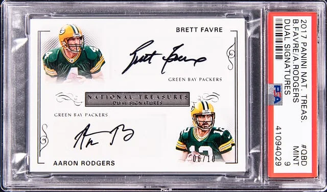 2017 Panini National Treasures Brett Favre/Aaron Rodgers Dual Dual Signatures #DS-QBD card image