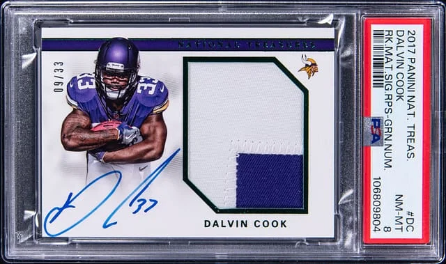 2017 Panini National Treasures Dalvin Cook Material Signatures RPS Green Number #RMS-DC card image
