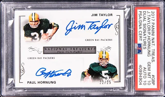 2017 Panini National Treasures Jim Taylor, Paul Hornung Dual Dual Signatures #DS-GBP card image
