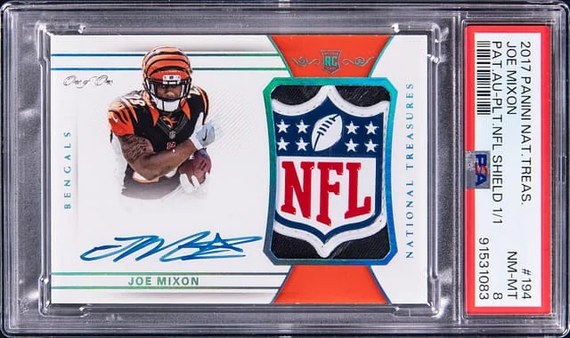 2017 Panini National Treasures Joe Mixon Patch Autograph (RPA) Platinum NFL Shield #194 card image