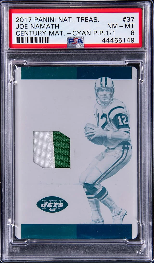 2017 Panini National Treasures Joe Namath Century Material Cyan Printing Plate #37 card image
