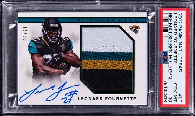2017 Panini National Treasures Leonard Fournette Material Signature RPS Holo Green #RMS-LF card image