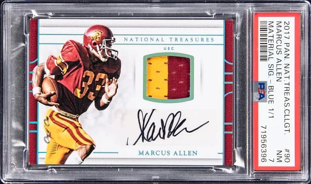 2017 Panini National Treasures Marcus Allen Collegiate Material Signature Blue #90 card image