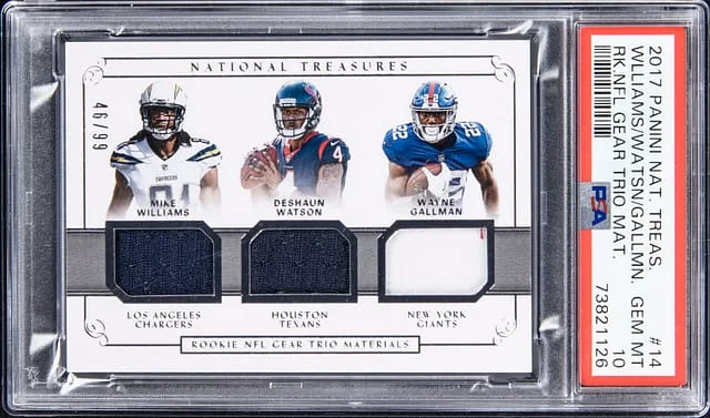 2017 Panini National Treasures Mike Williams, Deshaun Watson, Wayne Gallman Triple NFL Gear Trio Material #14 card image