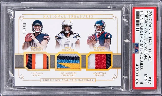 2017 Panini National Treasures Mitchell Trubisky/Mike Williams/Deshaun Watson Triple NFL Gear Trio Materials Gold #17 card image