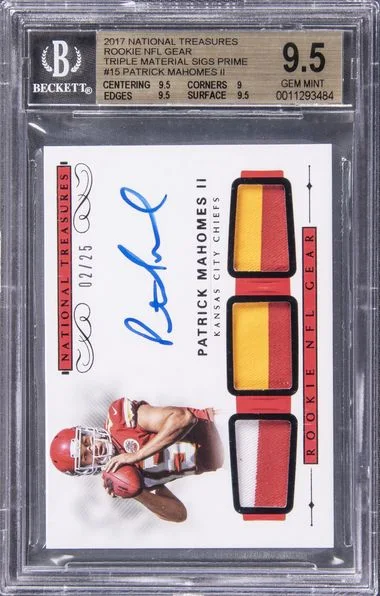 2017 Panini National Treasures Patrick Mahomes II NFL Gear Triple Material Signatures Prime #15 card image
