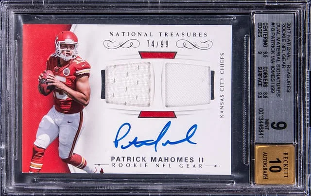 2017 Panini National Treasures Patrick Mahomes II NFL Gear Dual Material Signatures #18 card image
