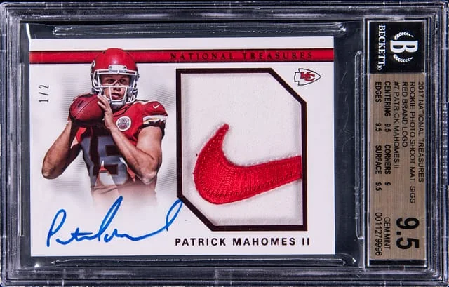 2017 Panini National Treasures Patrick Mahomes II Photoshoot Material Signatures Red Brand Logo #7 card image