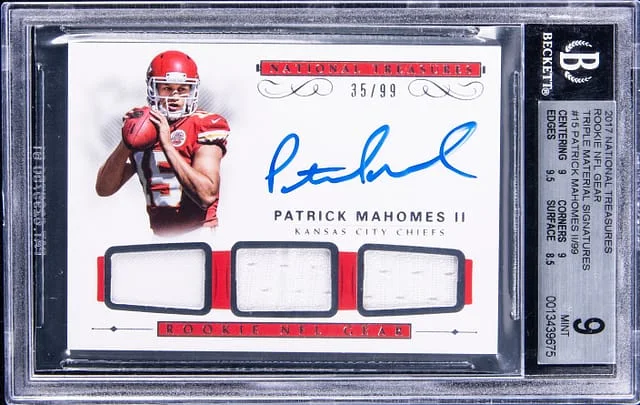 2017 Panini National Treasures Patrick Mahomes II NFL Gear Triple Material Signatures Prime #RST-PM card image