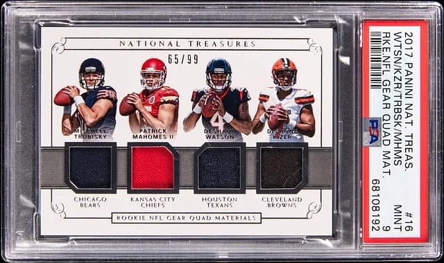 2017 Panini National Treasures Patrick Mahomes II/Deshaun Watson/DeShone Kizer/Mitchell Trubisky NFL Gear Quad Materials #16 card image