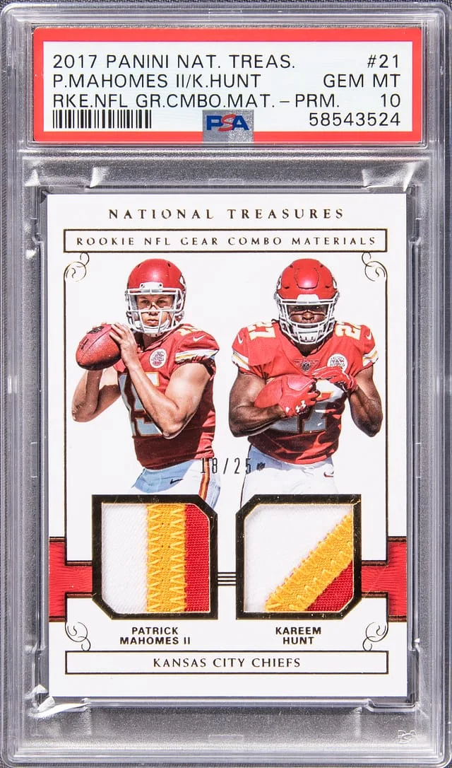 2017 Panini National Treasures Patrick Mahomes II/Kareem Hunt Dual NFL Gear Combo Materials Prime #21 card image