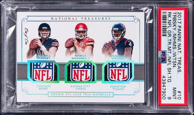 2017 Panini National Treasures Patrick Mahomes II/Mitchell Trubisky/Deshaun Watson NFL Gear Trio Material NFL Shield #10 card image