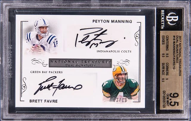 2017 Panini National Treasures Peyton Manning/Brett Favre Dual Signatures #2017 card image