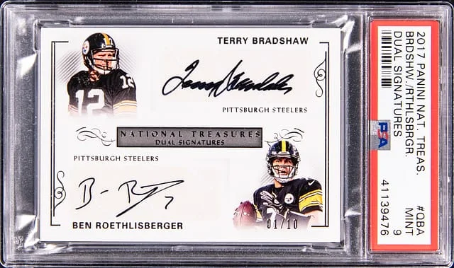 2017 Panini National Treasures Terry Bradshaw, Ben Roethlisberger Dual Signatures #DS-QBA card image