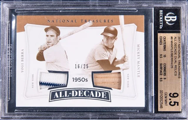 2017 Panini National Treasures Yogi Berra/Mickey Mantle All Decade Dual Relics #ADC-BM card image