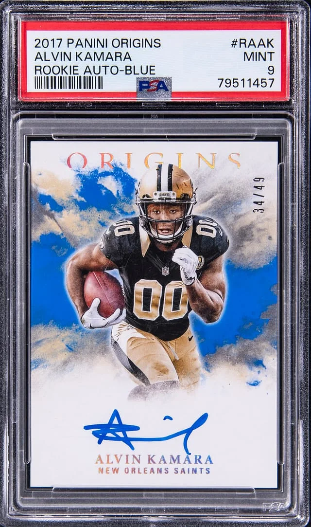 2017 Panini Origins Alvin Kamara Autograph Blue #RA-AK card image
