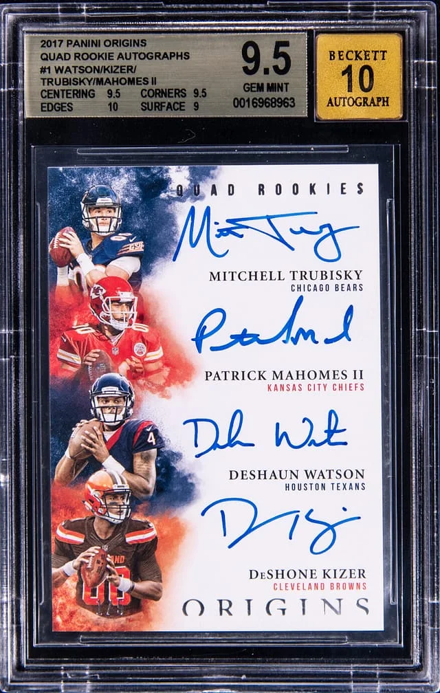 2017 Panini Origins Mahomes II/Watson/Trubisky/Kizer Multi-Signed Quad Autographs #1 card image