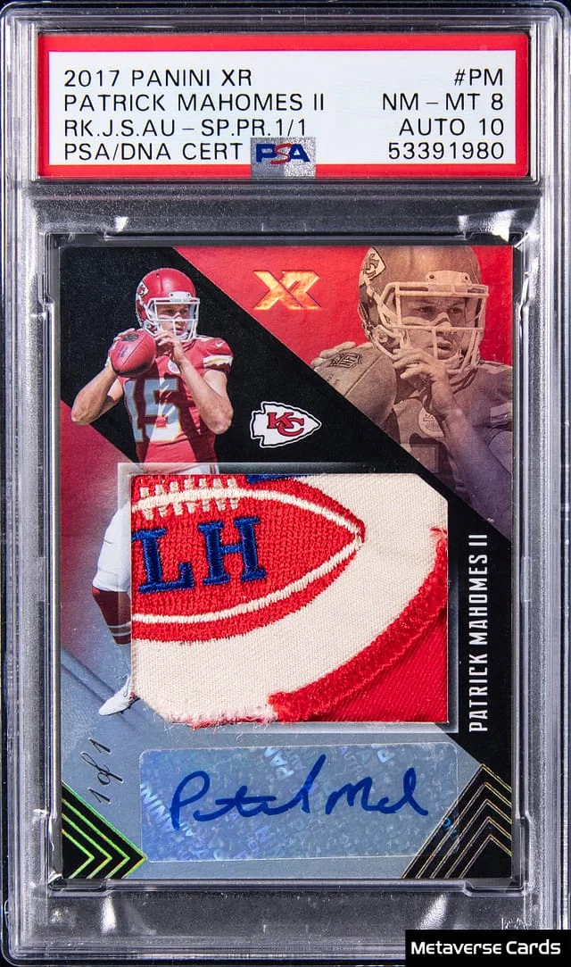 2017 Panini Patrick Mahomes II XR Jumbo Swatch Autographs Super Prime #RJA-PM card image