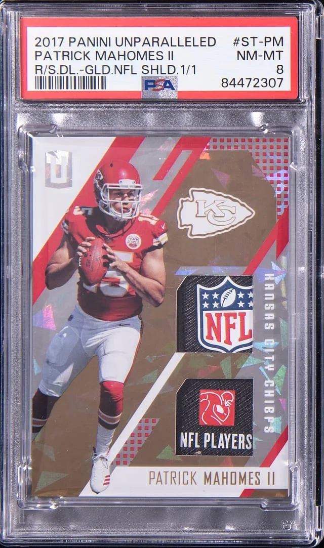 2017 Panini Patrick Mahomes II Unparalleled Stitches Dual Gold NFL Shield #ST-PM card image