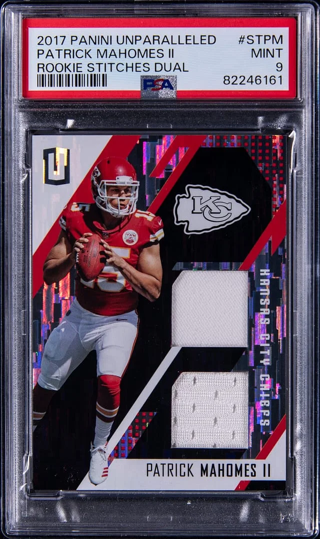 2017 Panini Patrick Mahomes II Unparalleled Stitch Dual Patch Orange #STPM card image