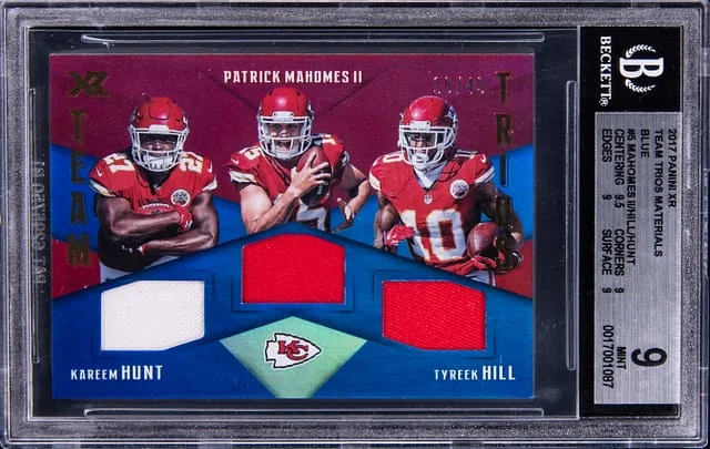 2017 Panini Patrick Mahomes II/Kareem Hunt/Tyreek Hill XR Team Trios Materials Blue #5 card image