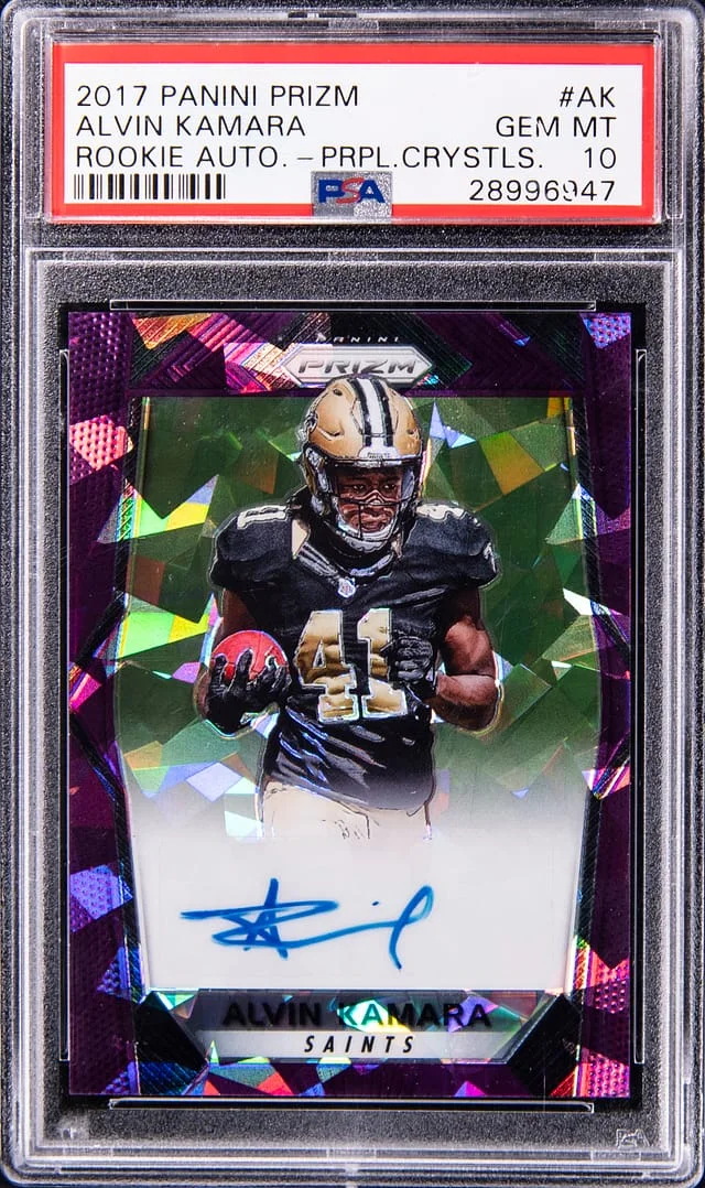 2017 Panini Prizm Alvin Kamara Autograph Purple Crystals #RA-AK card image
