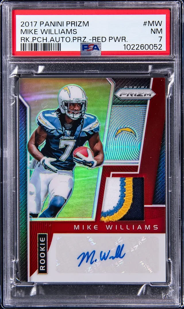 2017 Panini Prizm Mike Williams Patch Autograph Red Power Prizm #RPA-MW card image