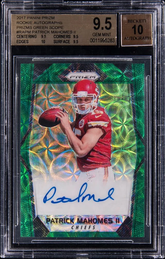 2017 Panini Prizm Patrick Mahomes II Autographs Green Scope Prizm #RA-PM card image