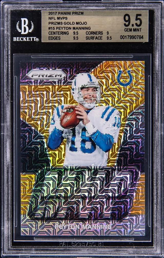 2017 Panini Prizm Peyton Manning NFL MVPs Gold Mojo Prizm #15 card image
