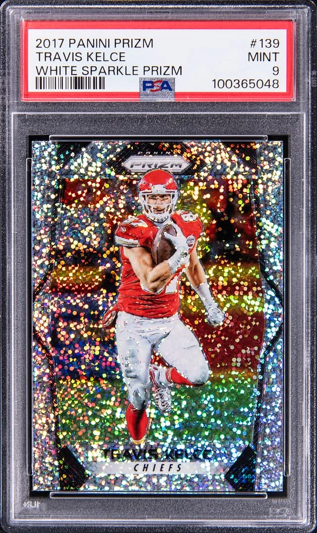 2017 Panini Prizm Travis Kelce White Sparkle Prizm #139 card image