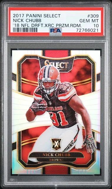 2017 Panini Select Nick Chubb 18 NFL Draft XRC Prizm Redemption #309 card image