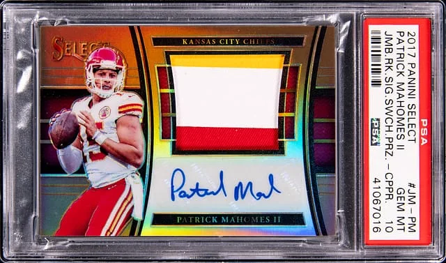 2017 Panini Select Patrick Mahomes II Jumbo Signature Swatch Prizm Copper Prizm #JM-PM card image