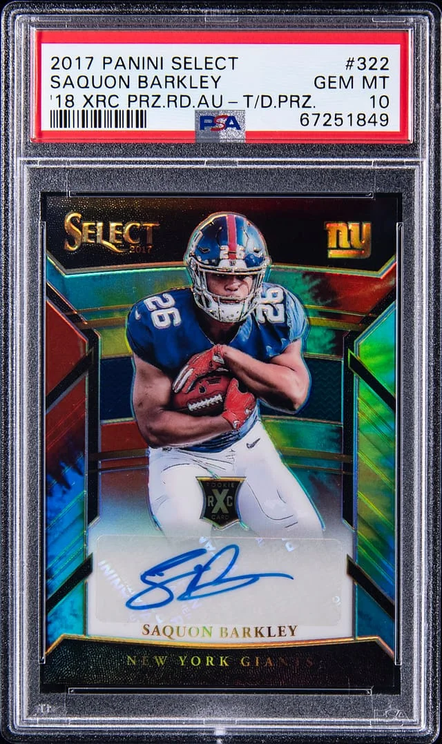 2017 Panini Select Saquan Barkley 18 XRC Prizm Redemption Autograph Tie-Dye Prizm #322 card image